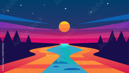 Full moon rising over dark forest with colorful sky at night