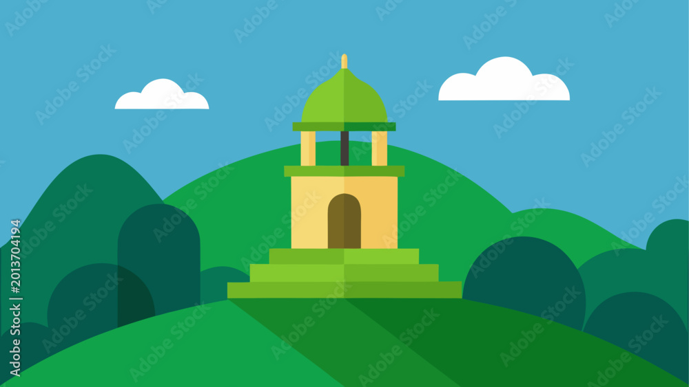 Naklejka premium Small colorful temple on green hill under blue sky