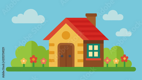 Cute small house with green trees and blue sky background