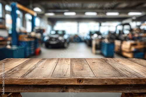 Empty wooden table with blurred background of car repair shop.