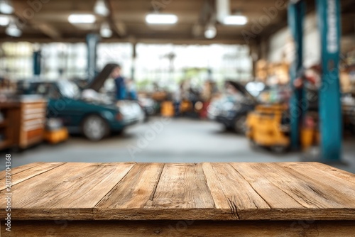 Empty wooden table with blurred background of a car repair garage.