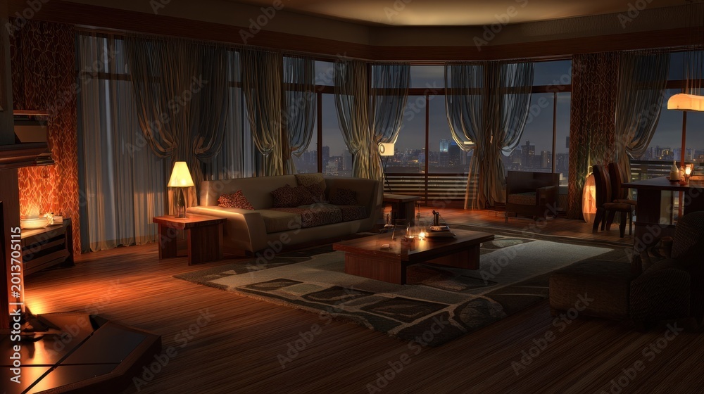 Fototapeta premium Luxurious penthouse living room displays warm interior lighting against a vast metropolitan nightscape visible through expansive windows.