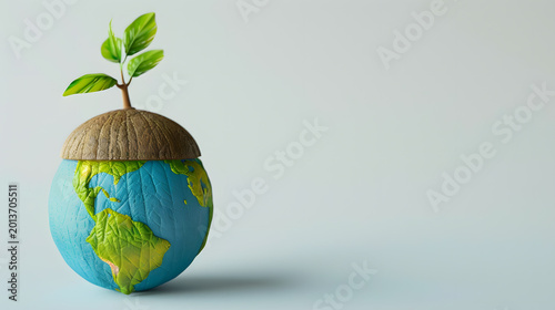 Ecology concept. Earth globe in acorn shape with green sprout growing isolated on white background
