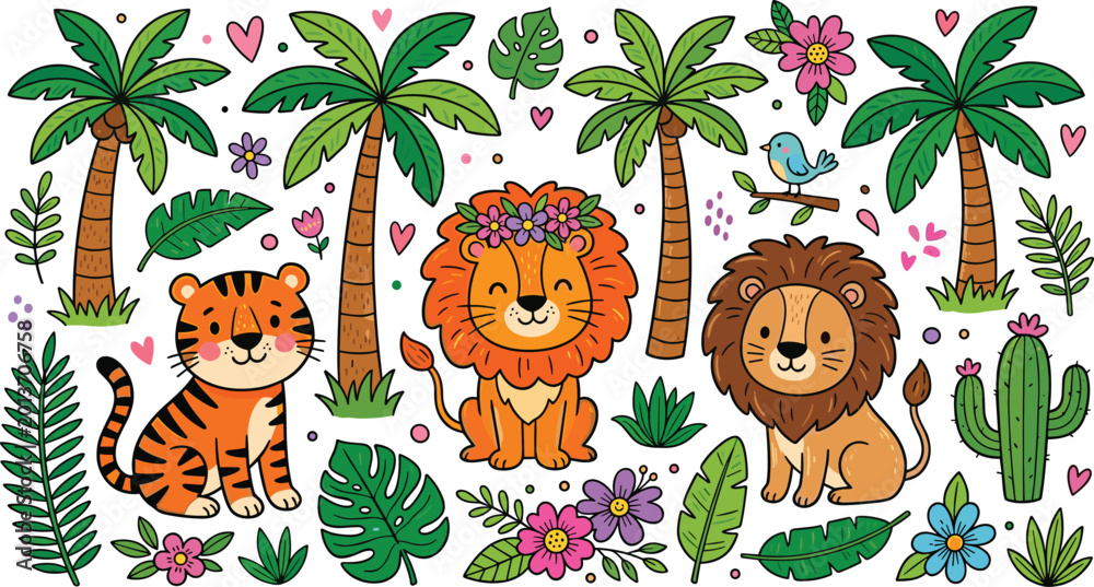 Naklejka premium Adorable Safari Animal Vector Set Featuring Cute Lion and Tiger Characters with Tropical Palm Trees, Monstera Leaves, and Flowers for Nursery Decor and Kids Designs