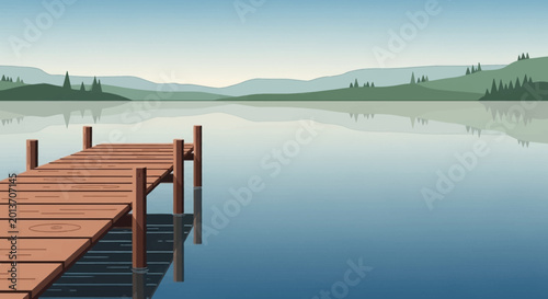 Obraz na płótnie Wooden pier extending into calm lake water.