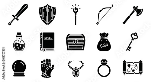Photography A collection of black silhouette icons representing fantasy adventure and RPG ga