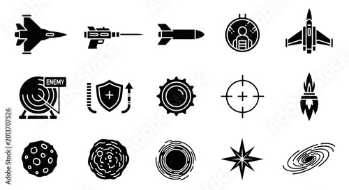 Foto Black silhouette icons for a space shooter game in three rows