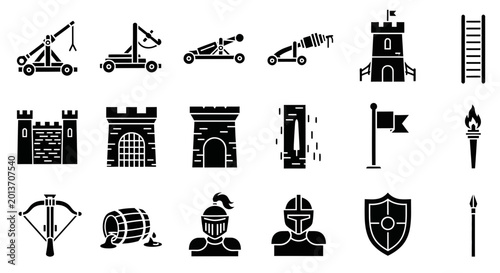 Принти на полотні Black silhouette icons of medieval siege weaponry castle parts armor and accesso