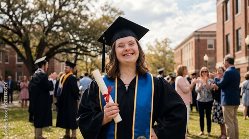 Young woman with down syndrome graduating university receiving diploma