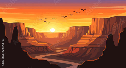 Fotografie Majestic Grand Canyon at Sunset with Winding River Below.