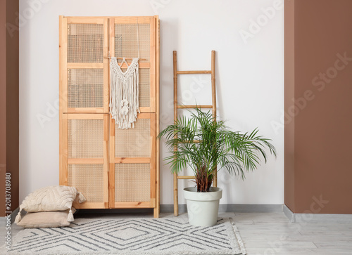 Wooden closet, houseplant a...