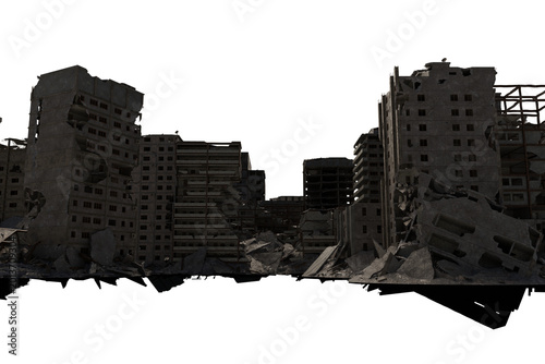 Fotografía Ruined buildings in a war zone battlefield, city destruction after conflict