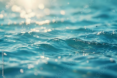 The blue sea has ripples on its surface; the image is blurry  The clear blue sea has a calm surface with spray and bubbles