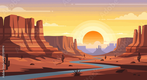 Fotografía Vibrant Desert Landscape with Majestic Canyons and Flowing River at Sunset