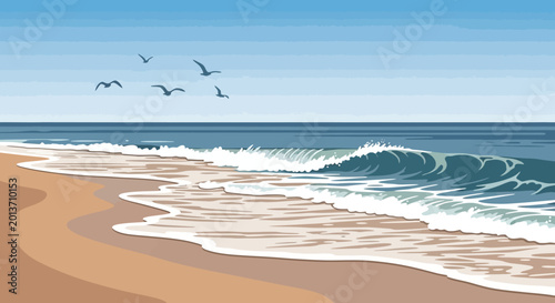 Bild auf Leinwand Seagulls gracefully soaring above the ocean waves and sandy beach