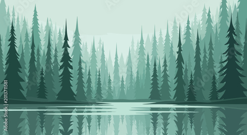 Foto Serene Forest Lake Reflection with Tall Pine Trees.