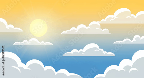 Foto Bright Sun and Fluffy Clouds in a Clear Blue Sky.