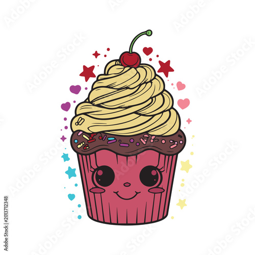 Cute Kawaii Cupcake Cartoon Character Sweet Dessert Vector Illustration