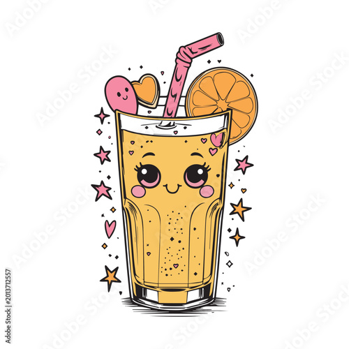 Cute Kawaii Orange Juice Cartoon Character Sweet Drink Vector Illustration