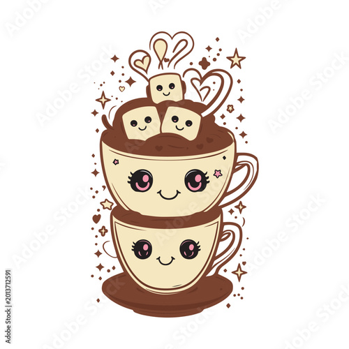 Cute Kawaii Hot Chocolate Cup Cartoon Character Cozy Drink Vector Illustration