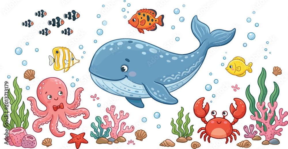 Fototapeta premium Adorable Underwater Sea Life Vector Scene Featuring a Large Blue Whale, Octopus, Crab, and Tropical Fish with Colorful Coral Reef for Children's Marine Illustrations