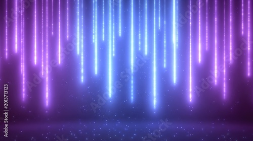 Abstract digital light streaks in vibrant blue and purple hues creating a mesmerizing background with sparkling particles