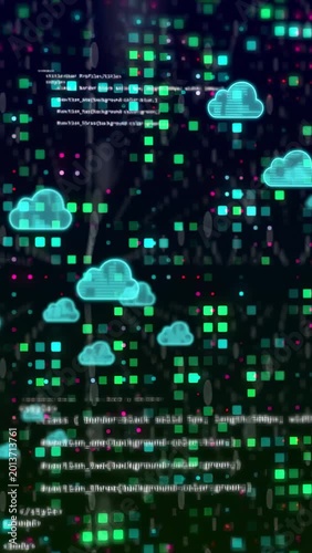 Vertical video: Pixel grid pulsing, clouds emerging and linking, code scrolling, showing data