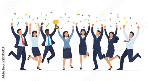Celebrating business success: team wins trophy amidst confetti