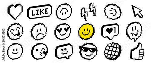 Pixel emoji UI icon pack in retro 8-bit style with expressive faces and interface elements. Reactions, cursor, heart, and system icons for apps, messaging, notifications, digital interfaces