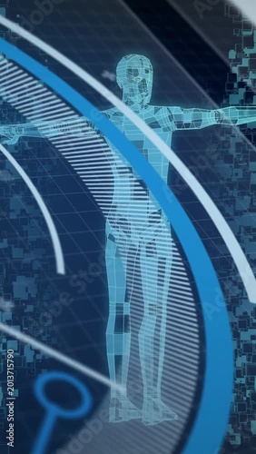 Vertical video: Cyan wireframe model rotating and aligning pose as blue bands sweep for pose check