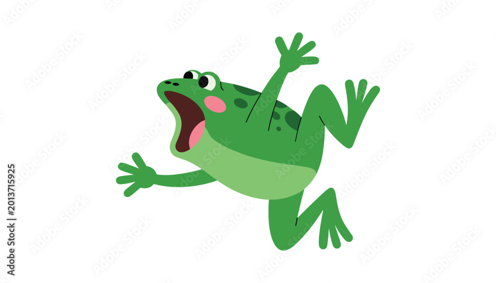 Fototapeta premium Cartoon green frog jumping with mouth open vector illustration isolated on white background.