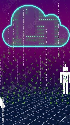 Vertical video: Neon cloud emerging, sending binary rain, showing data flow between user and AI bot
