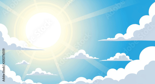 Konstfotografi Bright sun shining in a clear blue sky with fluffy white clouds.