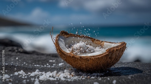 A halved coconut with white flesh and water splashes rests on a dark, pebbly surface near the ocean and blurred beach backdrop.