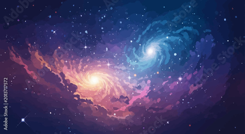 Photos Two vibrant spiral galaxies illuminating a cosmic nebula with countless stars