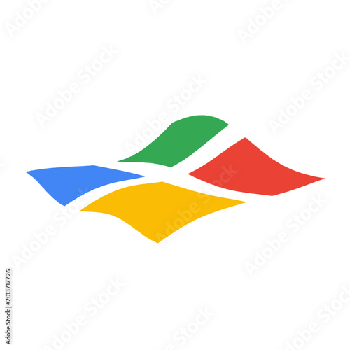 design features four curved, colorful segments in green, red, blue, and yellow, separated by white paths that resemble a crossroad or intersection