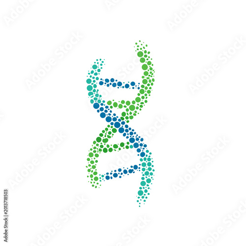 A molecular illustration showing a double helix structure formed by colored dots