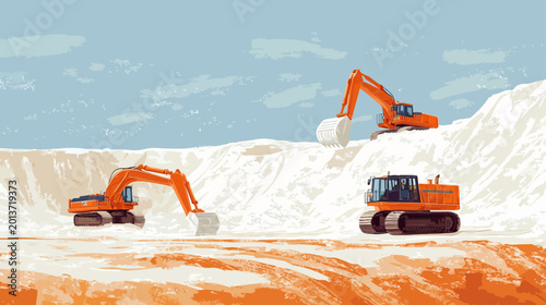 Three orange excavators operating on sandy terrain with a blue sky