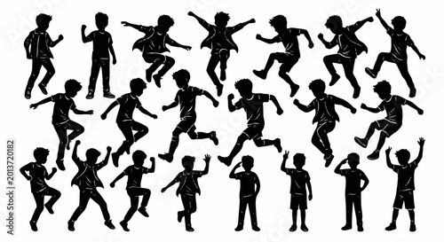 big set of children silhouettes in different poses jumping running and dancing
