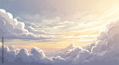 Photos Fluffy white clouds illuminated by the soft glow of a sunset sky.