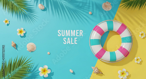 Colorful Lifebuoy and Tropical Decorations Arranged on Blue and Yellow Summer Sale Background