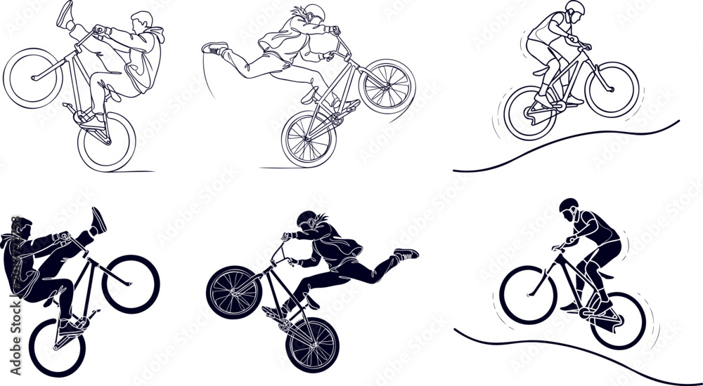 Fototapeta premium Bmx freestyle stunt collection featuring line art and solid silhouette variations of extreme bicycle tricks.
