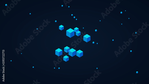 Photos Abstract blue cubes floating in dark space with small dots and lines abstract ba