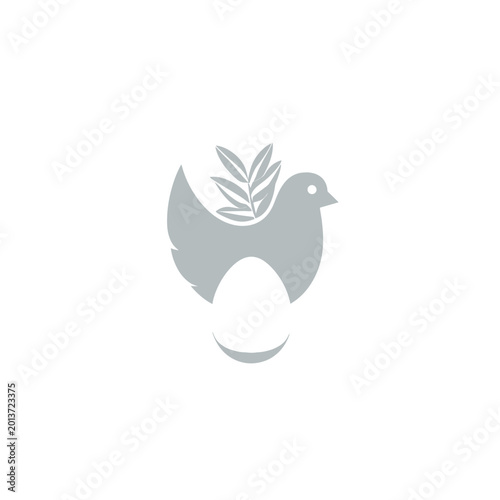 A simple, symmetrical illustration featuring a dove holding olive branch and an egg