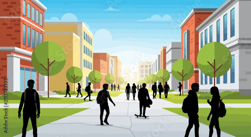 Silhouettes of students walking on a university campus path.