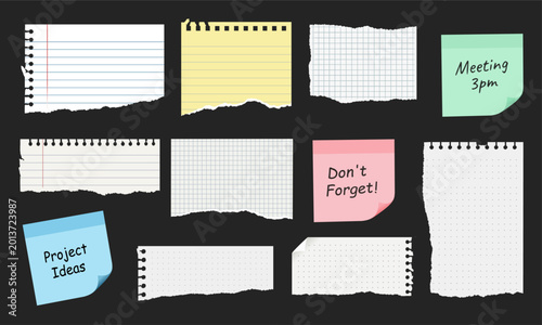Set of realistic torn paper scraps and colorful sticky notes. Features lined, grid, and dotted textures with ripped edges. Perfect for memo designs, scrapbooking, and office reminders.