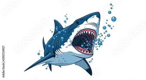 Foto Aggressive Shark with Open Mouth and Bubbles