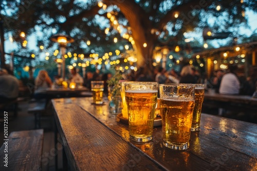 Beers on wooden table at outdoor beer garden party