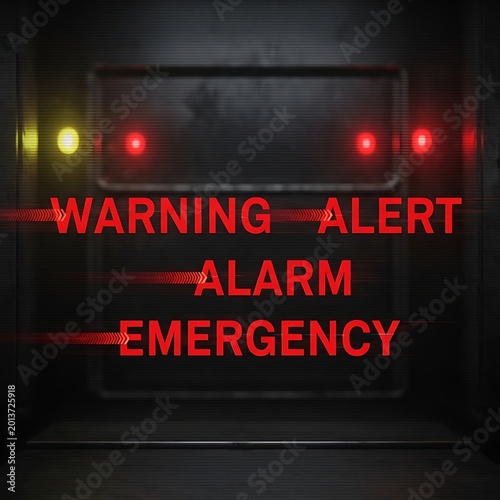 Industrial panel flashes red lights and text Warning, Alert, Alarm, Emergency