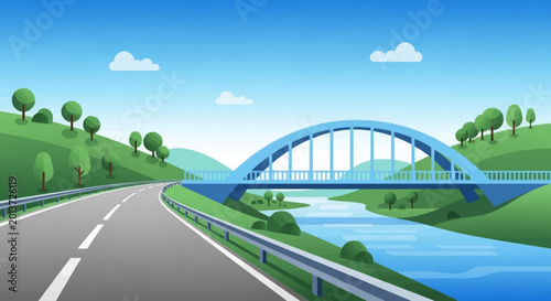 Obraz na plátně Modern Arch Bridge Spanning Over a Serene River with a Highway.